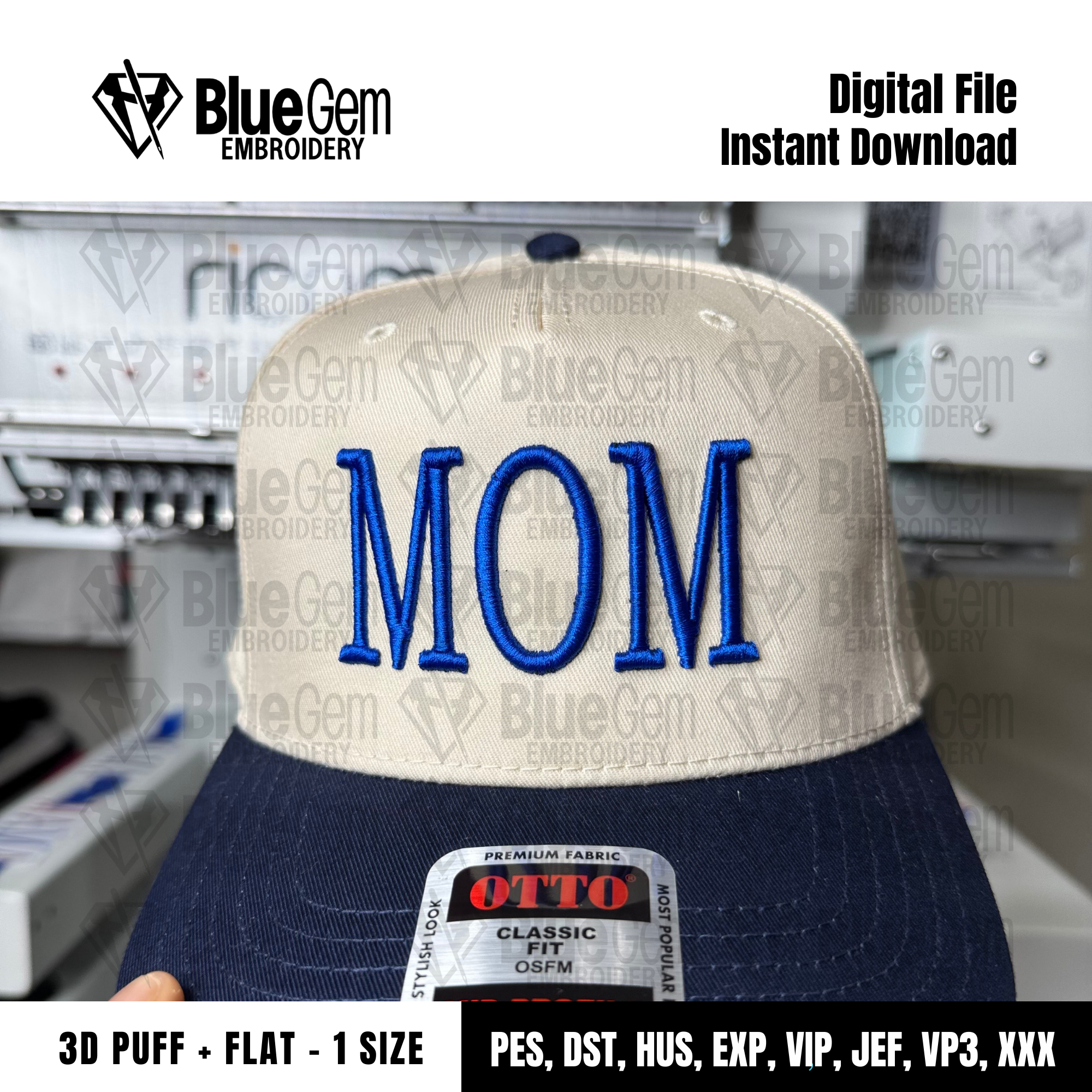 Mom Hat Embroidery Design - Puff & Flat - Serif
