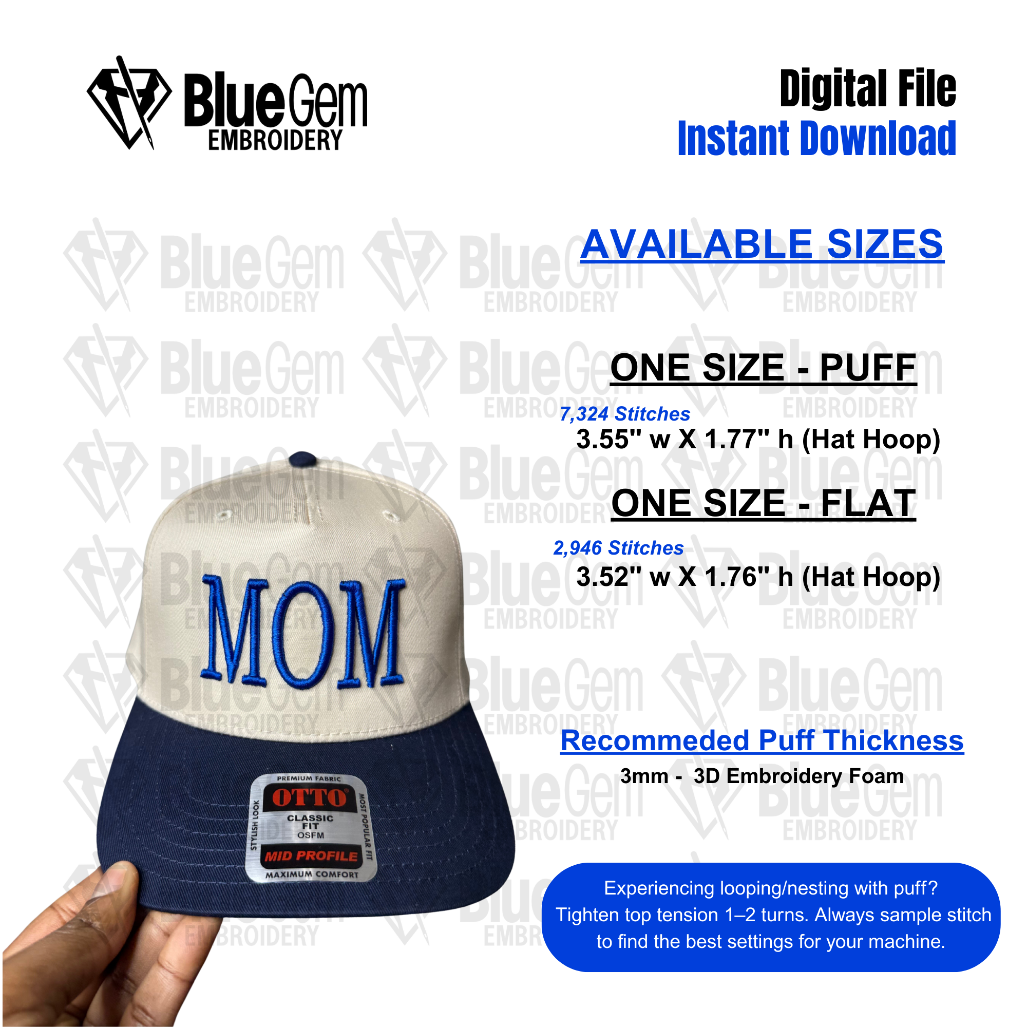 Mom Hat Embroidery Design - Puff & Flat - Serif