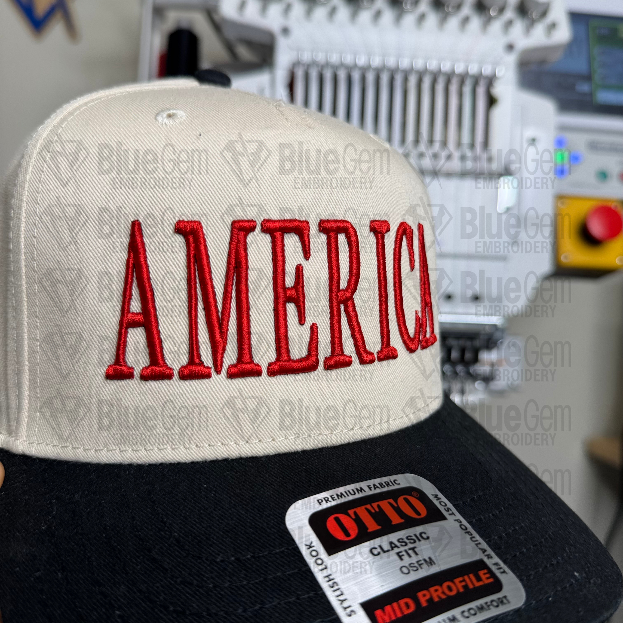 America Hat Embroidery Design - Puff & Flat - Serif