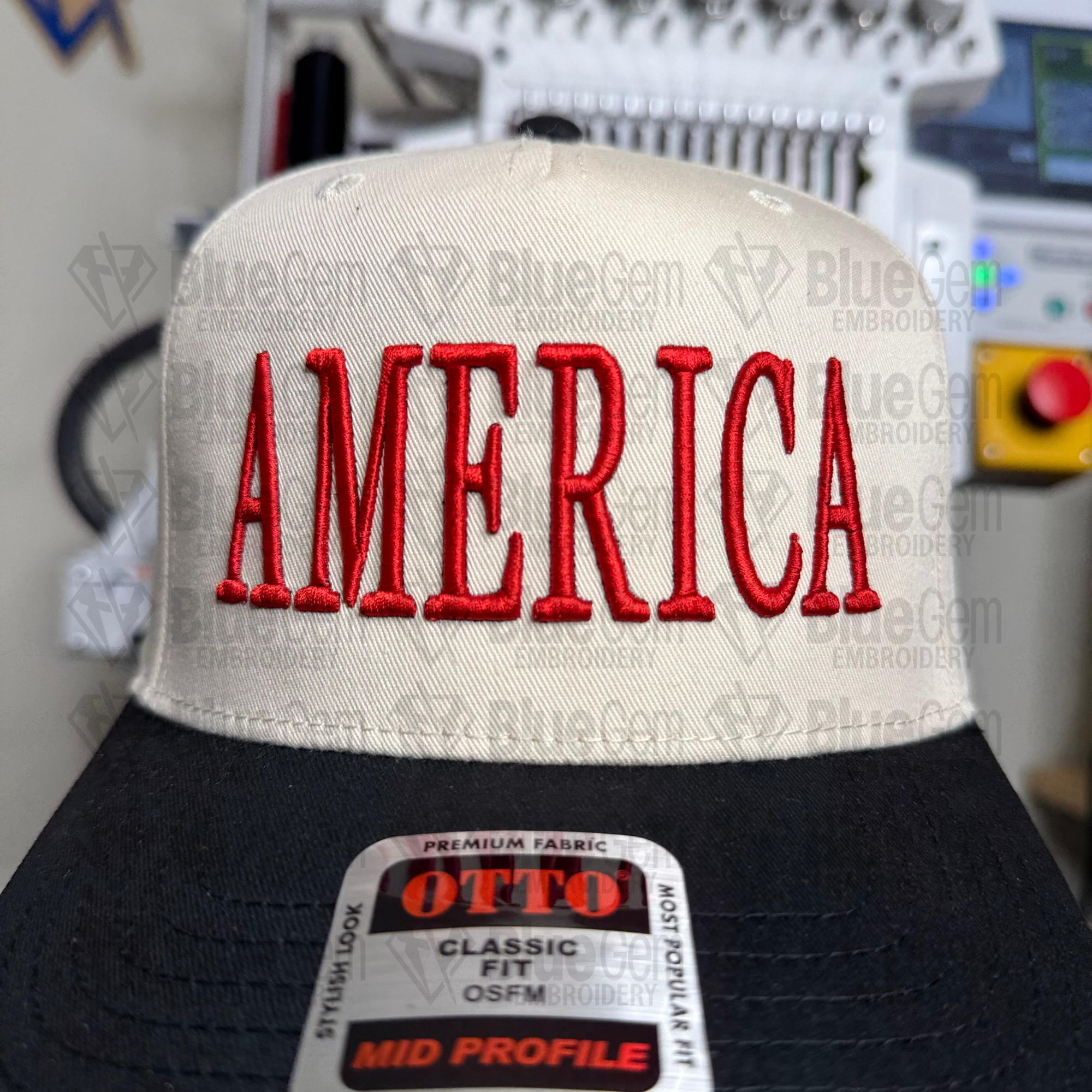 America Hat Embroidery Design - Puff & Flat - Serif
