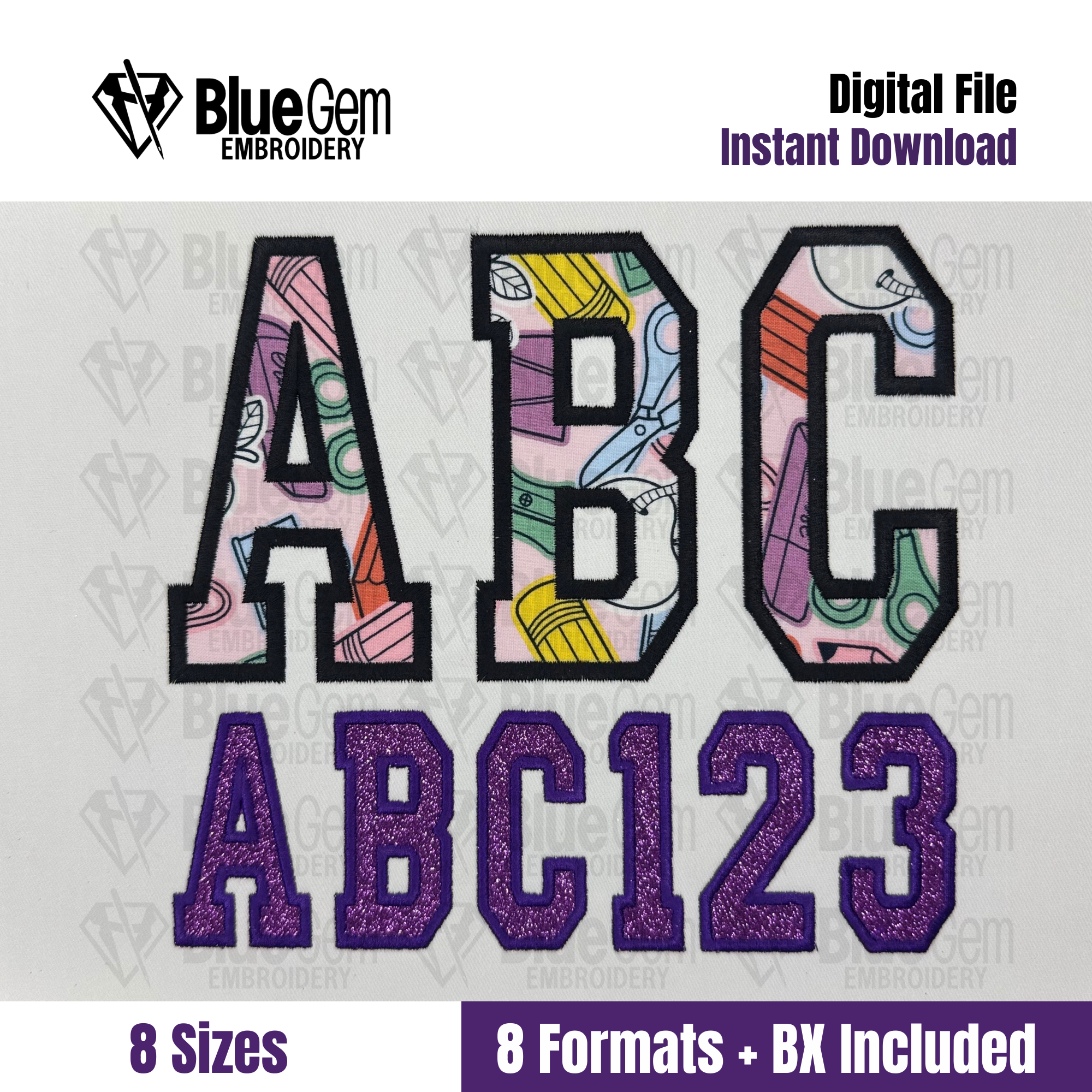 College Applique Embroidery Font, 7 Sizes, 8 Formats, BX included