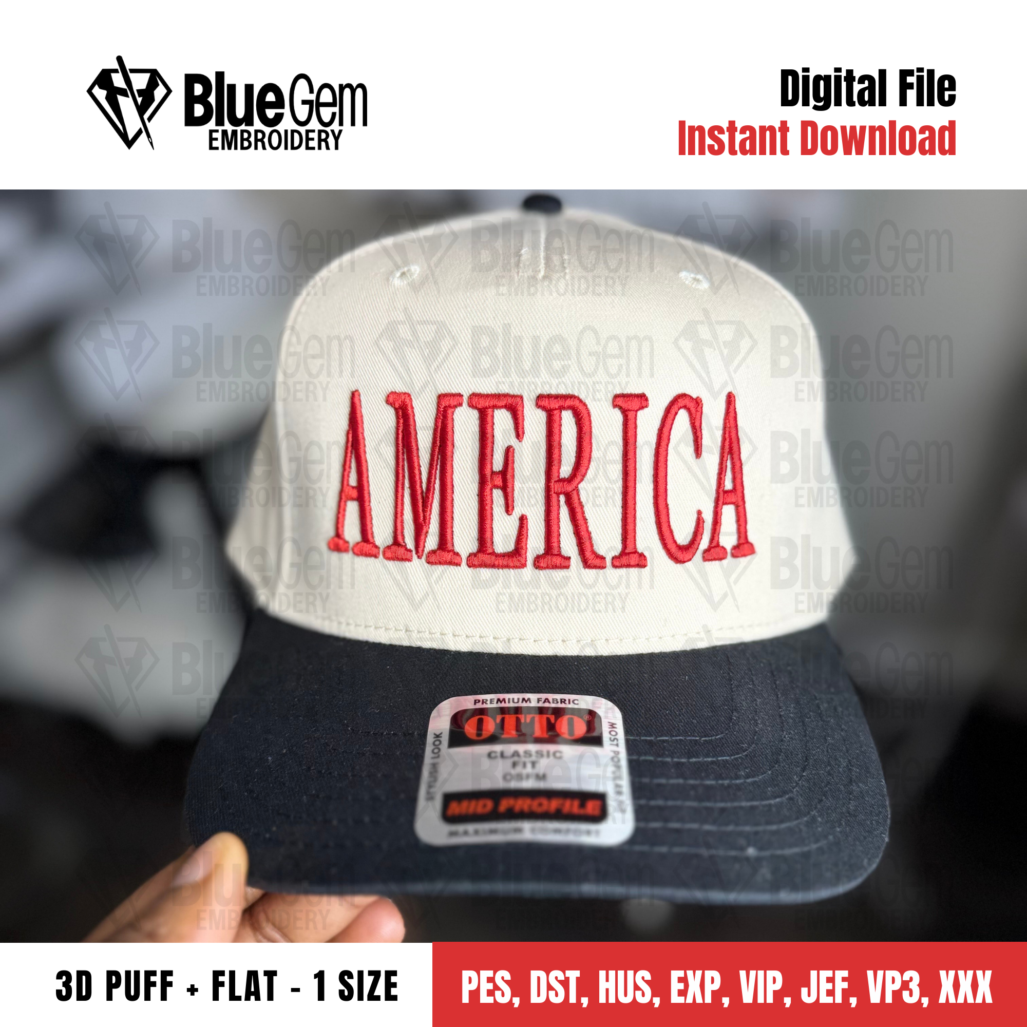 America Hat Embroidery Design - Puff & Flat - Serif