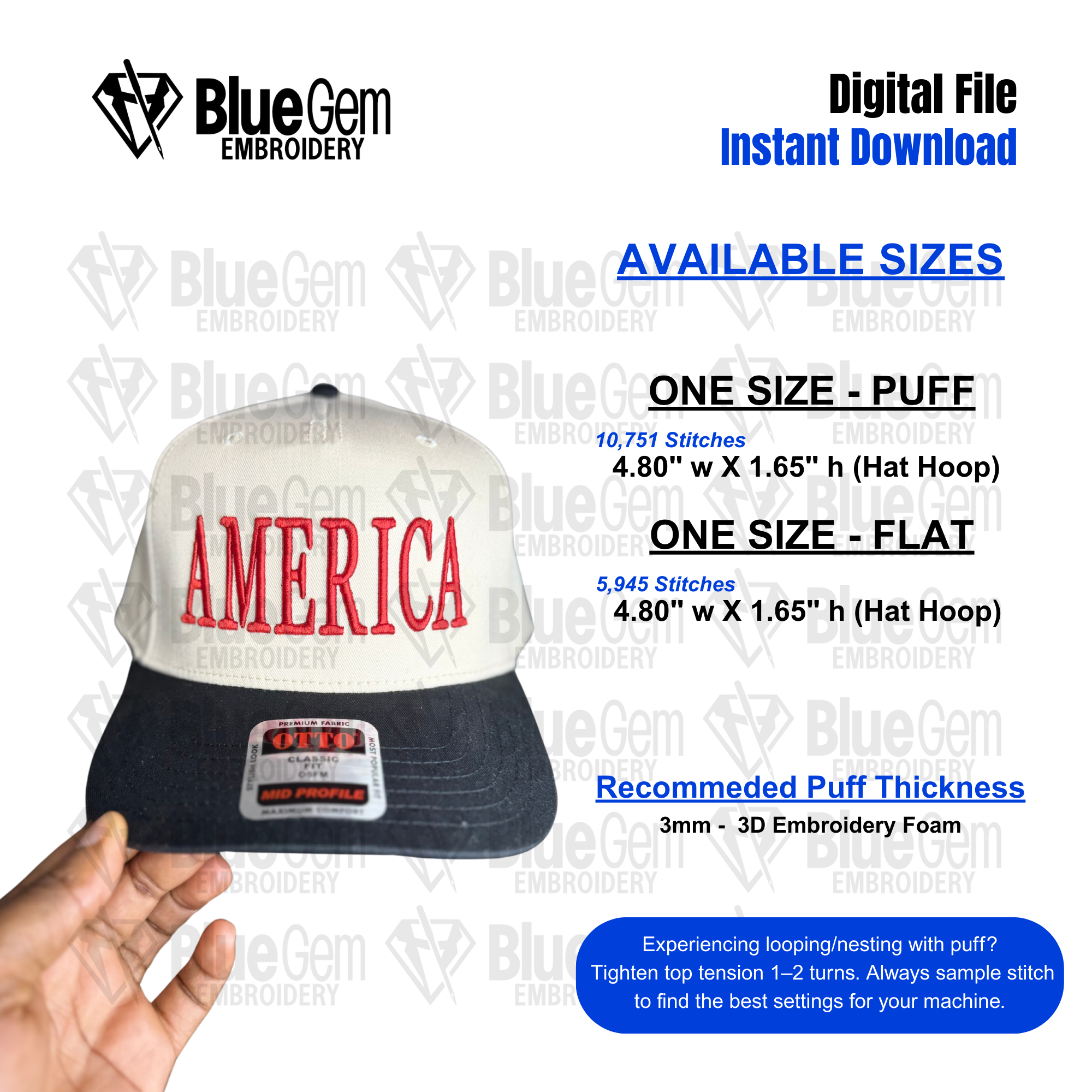 America Hat Embroidery Design - Puff & Flat - Serif