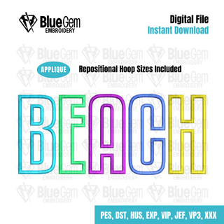 Beach Applique Embroidery Design: Summer Design, 5 Sizes, Split Sizes Included (Instant Download)