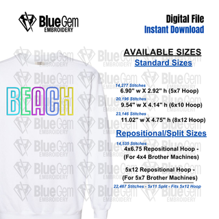 Beach Applique Embroidery Design: Summer Design, 5 Sizes, Split Sizes Included (Instant Download)