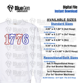 1776 Applique Embroidery Design - 250th Anniversary, 4th of July Design, 8 Sizes (Instant Download)