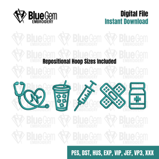 Nurse Icons Coffee Embroidery Design