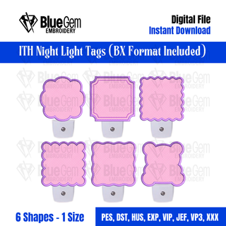 Set of 6 ITH Night Light Tags Embroidery Design – One (1) Size, 6 Shapes, Baby Keepsake Tag