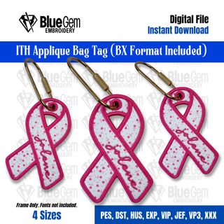 ITH Breast Cancer Ribbon Bag Tag Embroidery Design – 4 Sizes, BX Format Included (Instant Download)