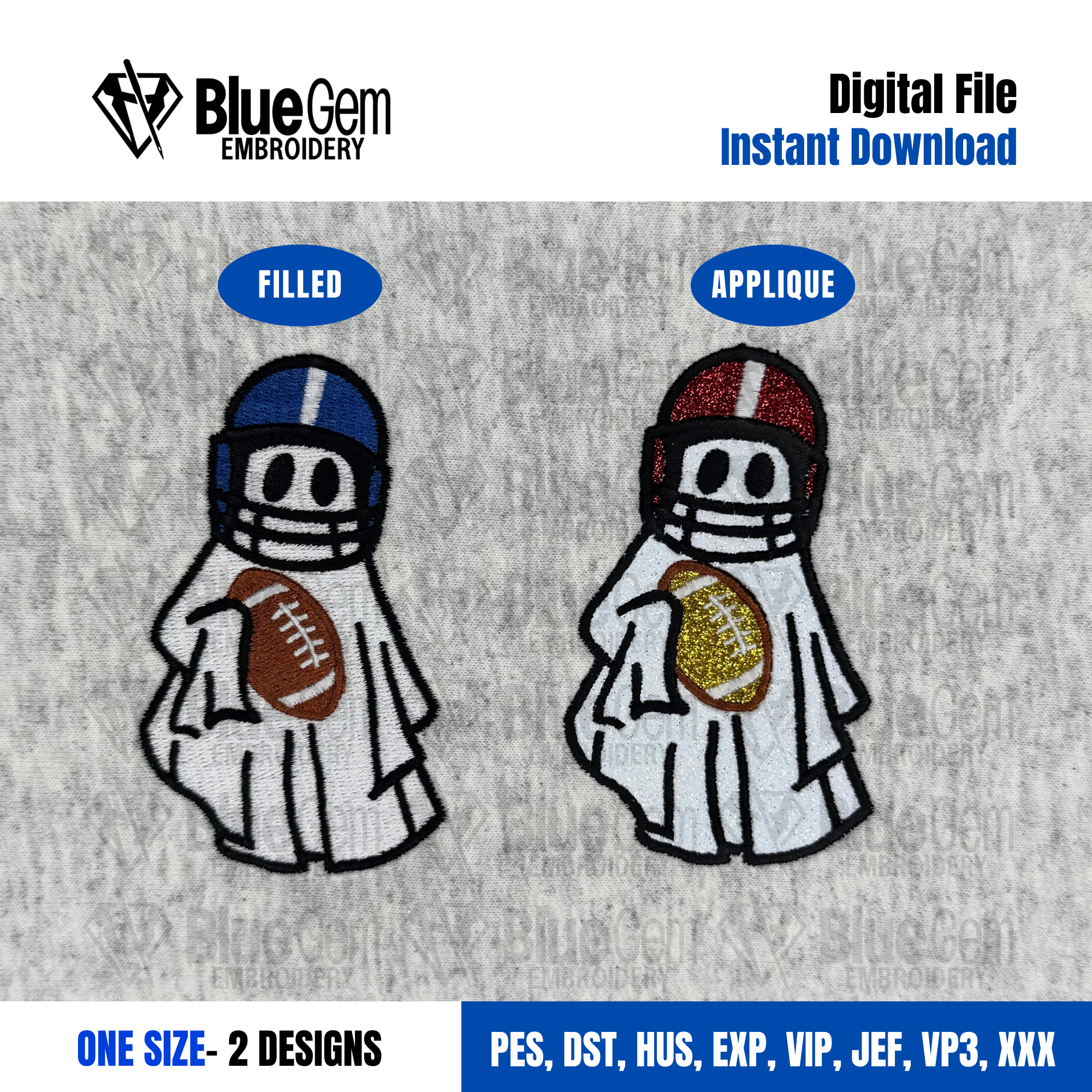 Football Ghost Embroidery Design - Applique and Fill - 2 Designs - 1 Size