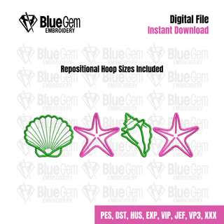 Summer Seashells Embroidery Design: 6 Sizes, Split Sizes Included