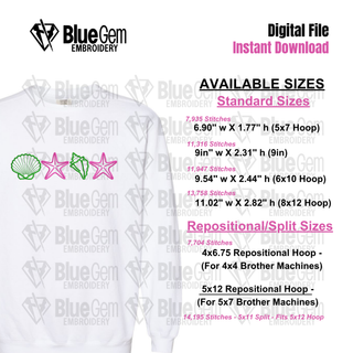Summer Seashells Embroidery Design: 6 Sizes, Split Sizes Included