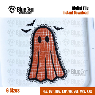 Faux Lace Applique Ghost Embroidery Design, Quilted Applique Ghost, Halloween Embroidery Design, 6 Sizes (Digital Download)