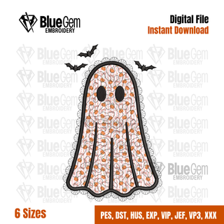 Lace Ghost Applique Embroidery Design, Quilted Applique Ghost, Halloween Embroidery Design, 6 Sizes (Digital Download)