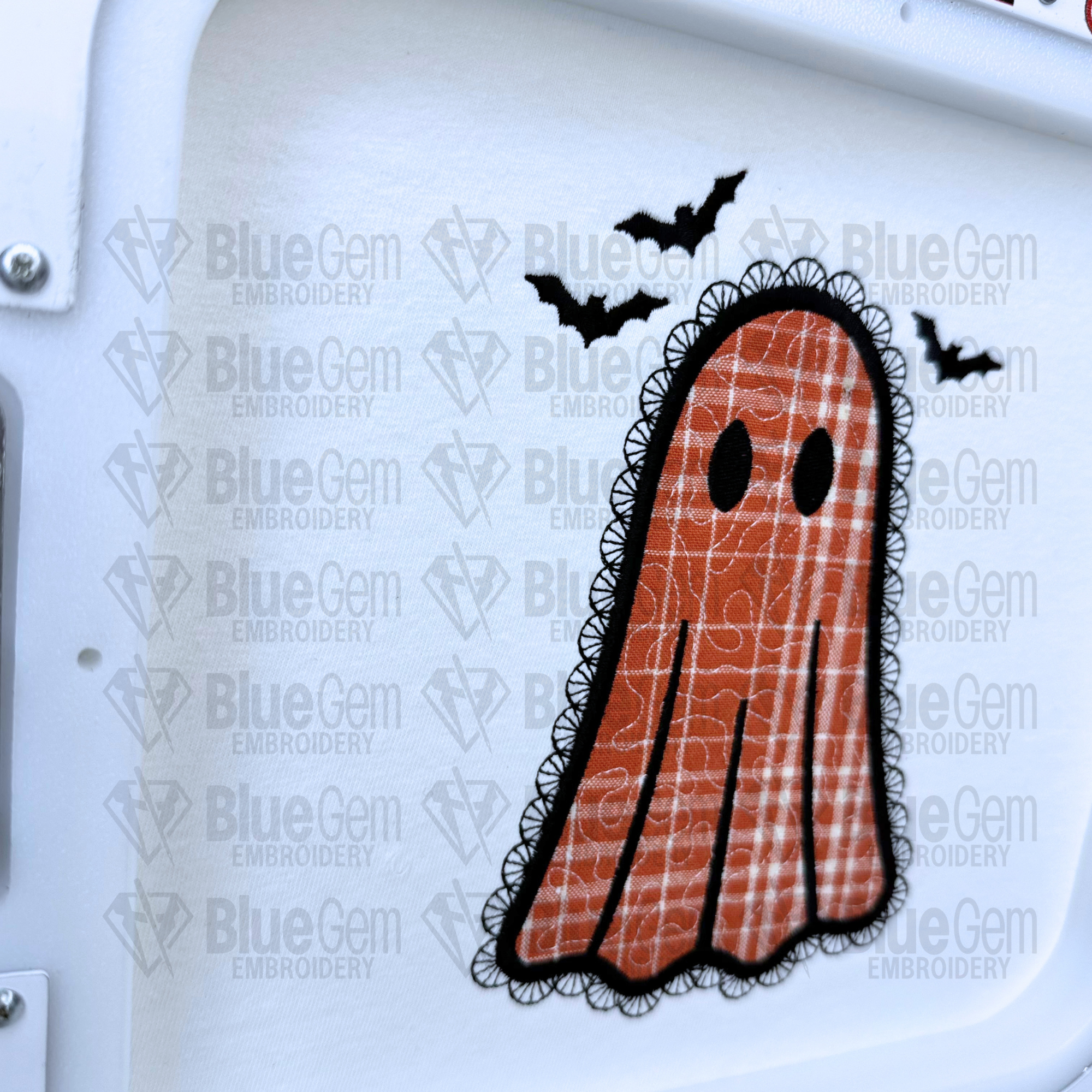 Faux Lace Applique Ghost Embroidery Design, Quilted Applique Ghost, Halloween Embroidery Design, 6 Sizes (Digital Download)