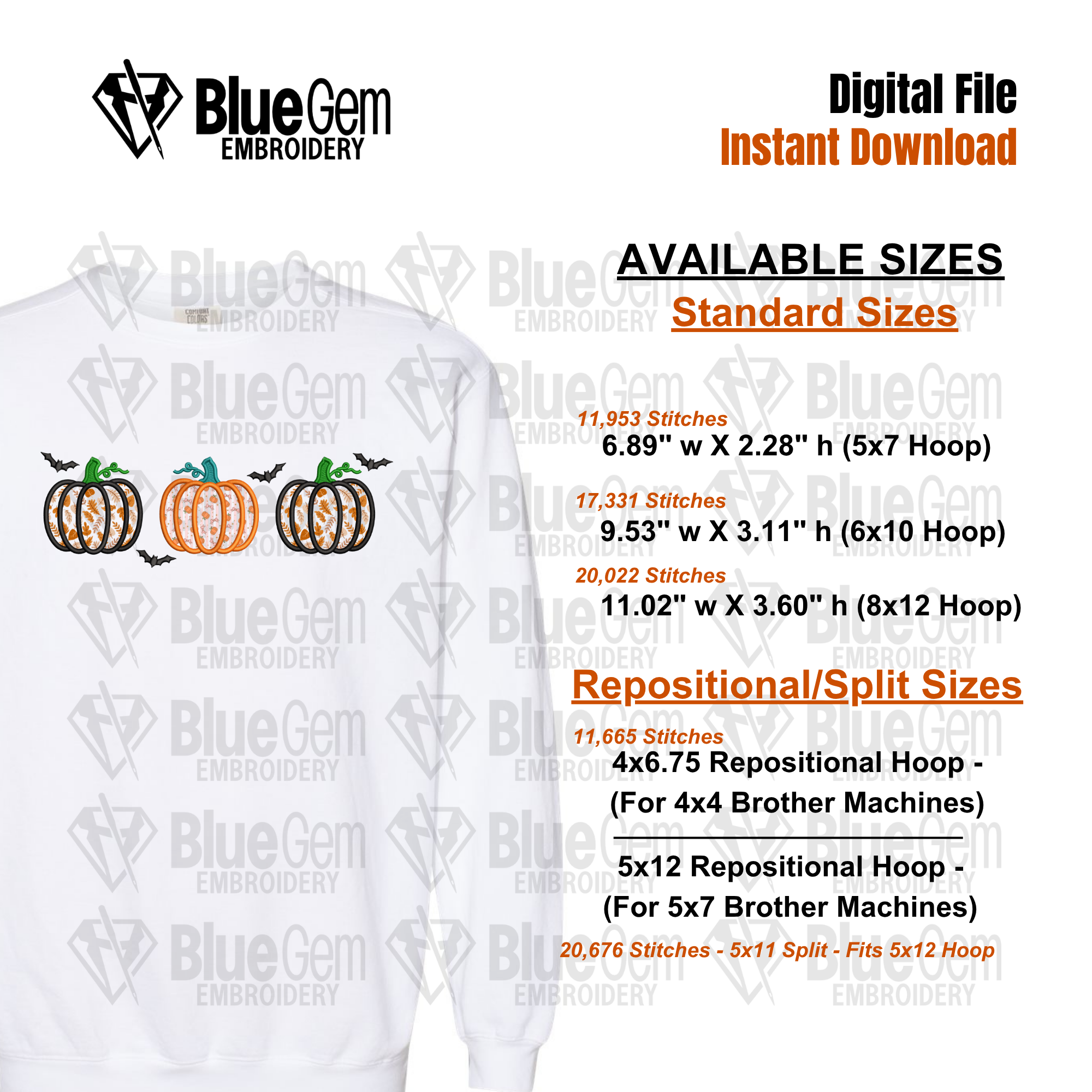 Halloween Applique Embroidery Design: Pumpkin & Bats Spooky Season Design, 5 Sizes, Split Sizes Included (Digital Download)