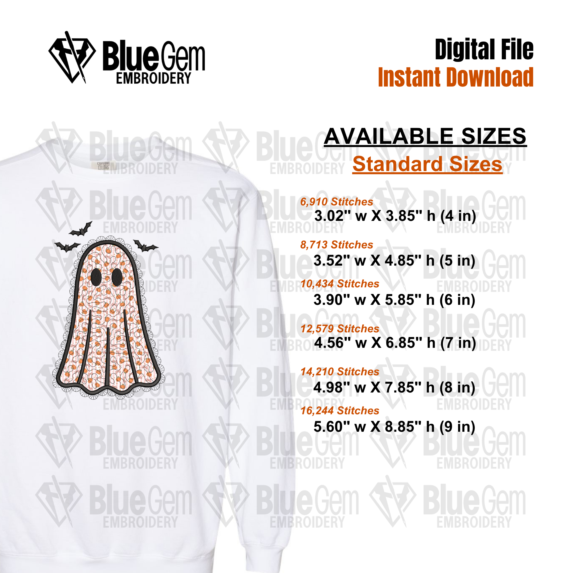Faux Lace Applique Ghost Embroidery Design, Quilted Applique Ghost, Halloween Embroidery Design, 6 Sizes (Digital Download)