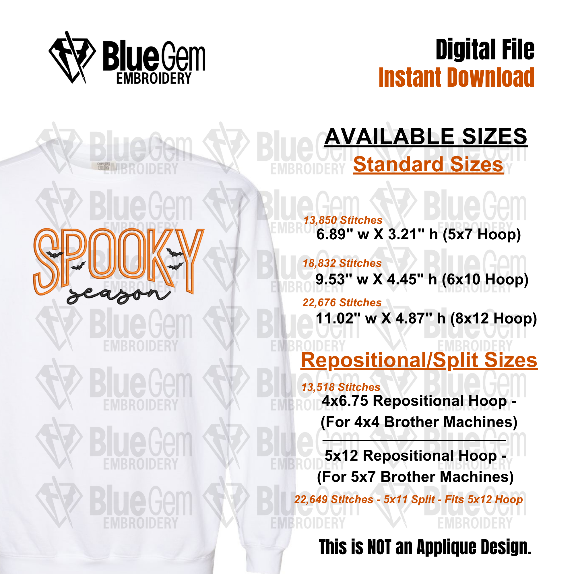Spooky Season Embroidery Design: Halloween Embroidery Design, 5 Sizes, Split Sizes Included