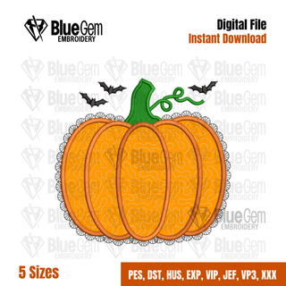 Faux Lace Applique Pumpkin Embroidery Design, Quilted Applique Pumpkin, Halloween Embroidery Design, 5 Sizes (Digital Download)