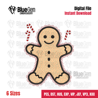 Faux Lace Applique Gingerbread Embroidery Design, Quilted Applique Gingerbread, Christmas Embroidery Design, 6 Sizes (Digital Download)