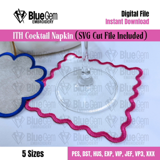 In-The-Hoop Cocktail Napkin Embroidery Design – Wavy Square Coaster (SVG Cut File Included)