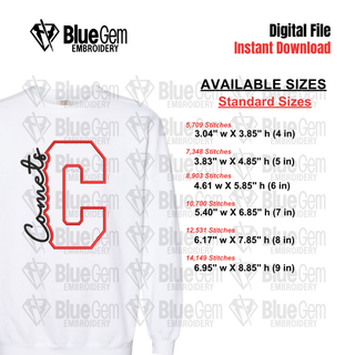 C - Comets Cutout Embroidery Design - 6 Sizes Included (Left Chest and Center Chest)