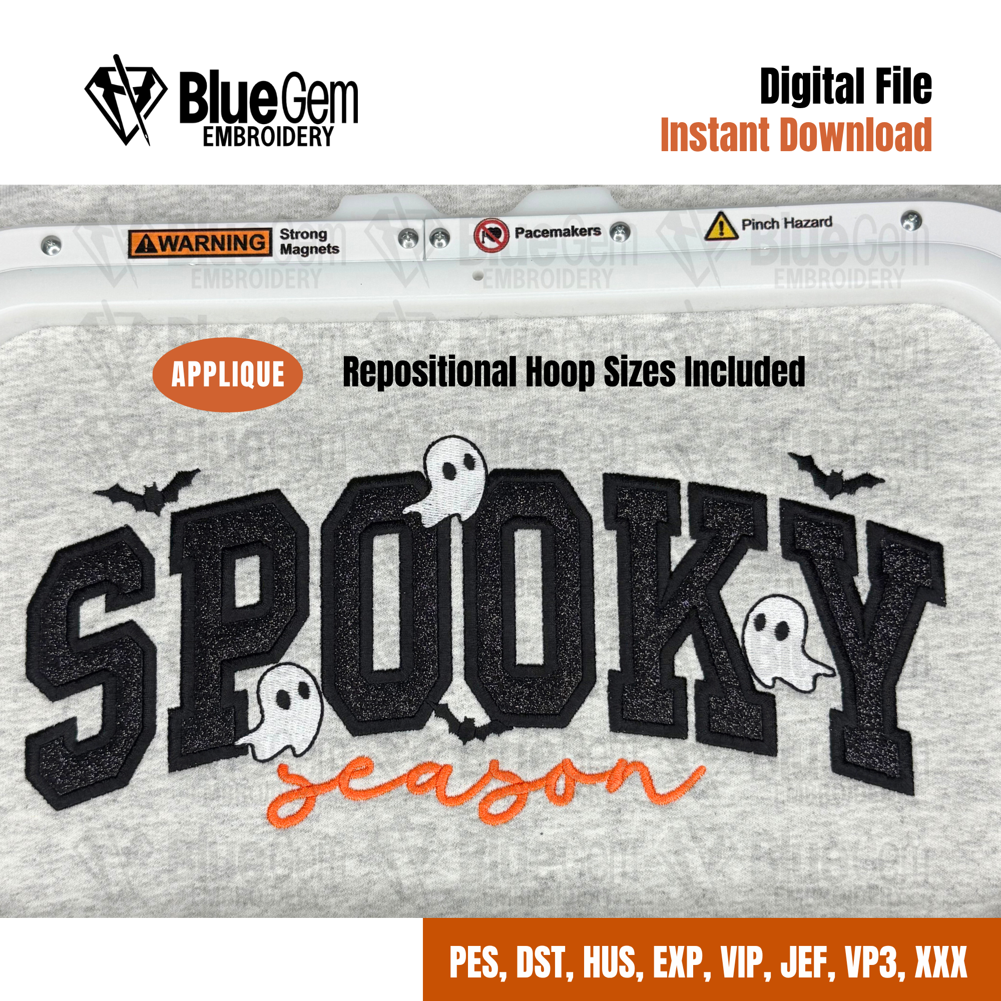 Spooky Season Applique Embroidery Design with Bats and Ghosts