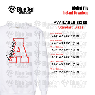 A - Aggies Cutout Embroidery Design - 6 Sizes Included (Left Chest and Center Chest)