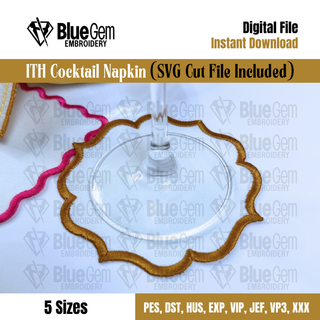 In-The-Hoop Cocktail Napkin Embroidery Design – Vintage Coaster (SVG Cut File Included)