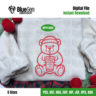 Iced Coffee Teddy Bear Applique Embroidery Design