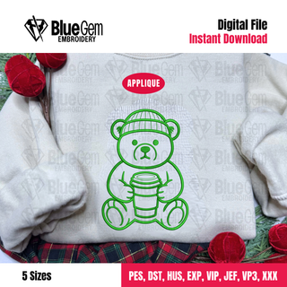 Hot Coffee Teddy Bear Applique Embroidery Design