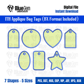 Set of 7 In-The-Hoop Bag Tags Embroidery Design – Applique Luggage Charm (Instant Download)