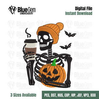 Skeleton with Coffee and Pumpkin Embroidery Design