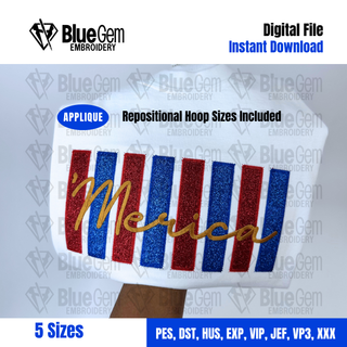 Merica Applique Embroidery Design: Independence Day Design, 5 Sizes, Repositional hoop Sizes Included