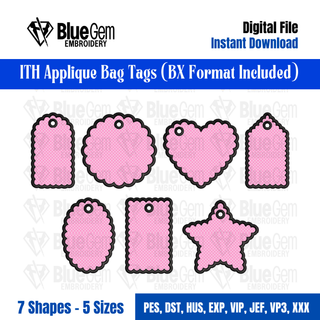 Set of 7 Scallop Bag Tags Embroidery Design – ITH Applique Luggage Charm, 5 Sizes, BX Format Included
