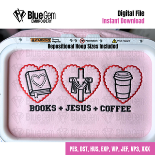 Books, Jesus and Coffee Embroidery Design