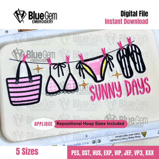 Summer Icons Applique Embroidery Design: Sunny Days Clothing Line Design, 5 Sizes, Split Sizes