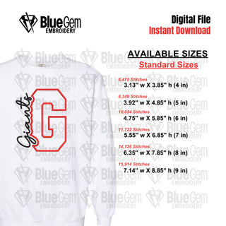 G - Giants Cutout Embroidery Design - 6 Sizes Included (Left Chest and Center Chest)