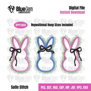 Lace Bunny Applique Embroidery Design – Easter Satin Peeps, 6 Sizes