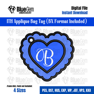 Double Applique Scallop Heart Bag Tag Embroidery Design – ITH Tag, 4 Sizes, BX Format Included