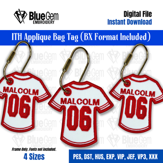 In-The-Hoop Jersey Bag Tag Embroidery Design – Sports Bag Tag, 4 Sizes, BX Format Included