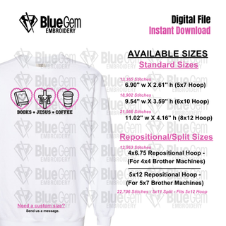 Books, Jesus and Coffee Embroidery Design