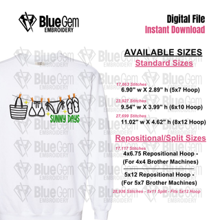 Summer Icons Applique Embroidery Design: Sunny Days Clothing Line Design, 5 Sizes, Split Sizes
