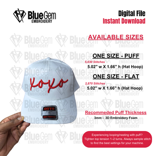 XOXO Hat Embroidery Design - 3D Puff and Flat