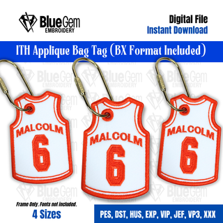 In-The-Hoop Basketball Jersey Bag Tag Embroidery Design – Sports Bag Tag, 4 Sizes, BX Format Included