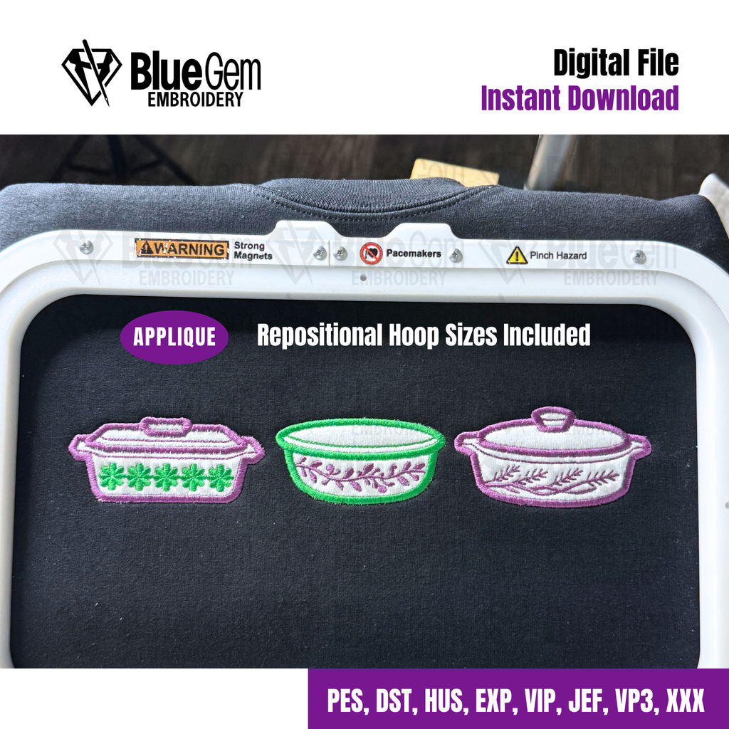 Vintage Pyrex Dish Applique Embroidery Design – Blue Gem Embroidery