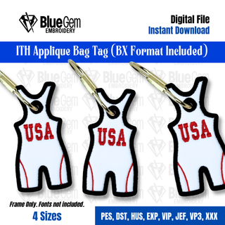 In-The-Hoop Wrestling Singlet Bag Tag Embroidery Design – Athletic Singlet Design, 4 Sizes, BX Format Included