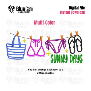 Summer Icons Applique Embroidery Design: Sunny Days Clothing Line Design, 5 Sizes, Split Sizes