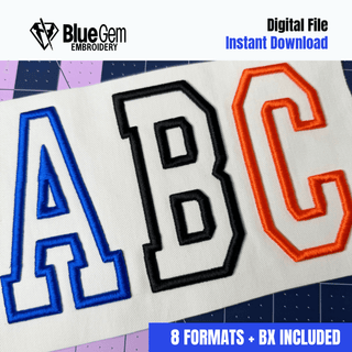 3D Puff Embroidery Font - Varsity Outline, 5 Sizes, 8 Formats, BX Font Included - Blue Gem Embroidery