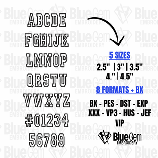 3D Puff Embroidery Font - Varsity Outline, 5 Sizes, 8 Formats, BX Font Included - Blue Gem Embroidery